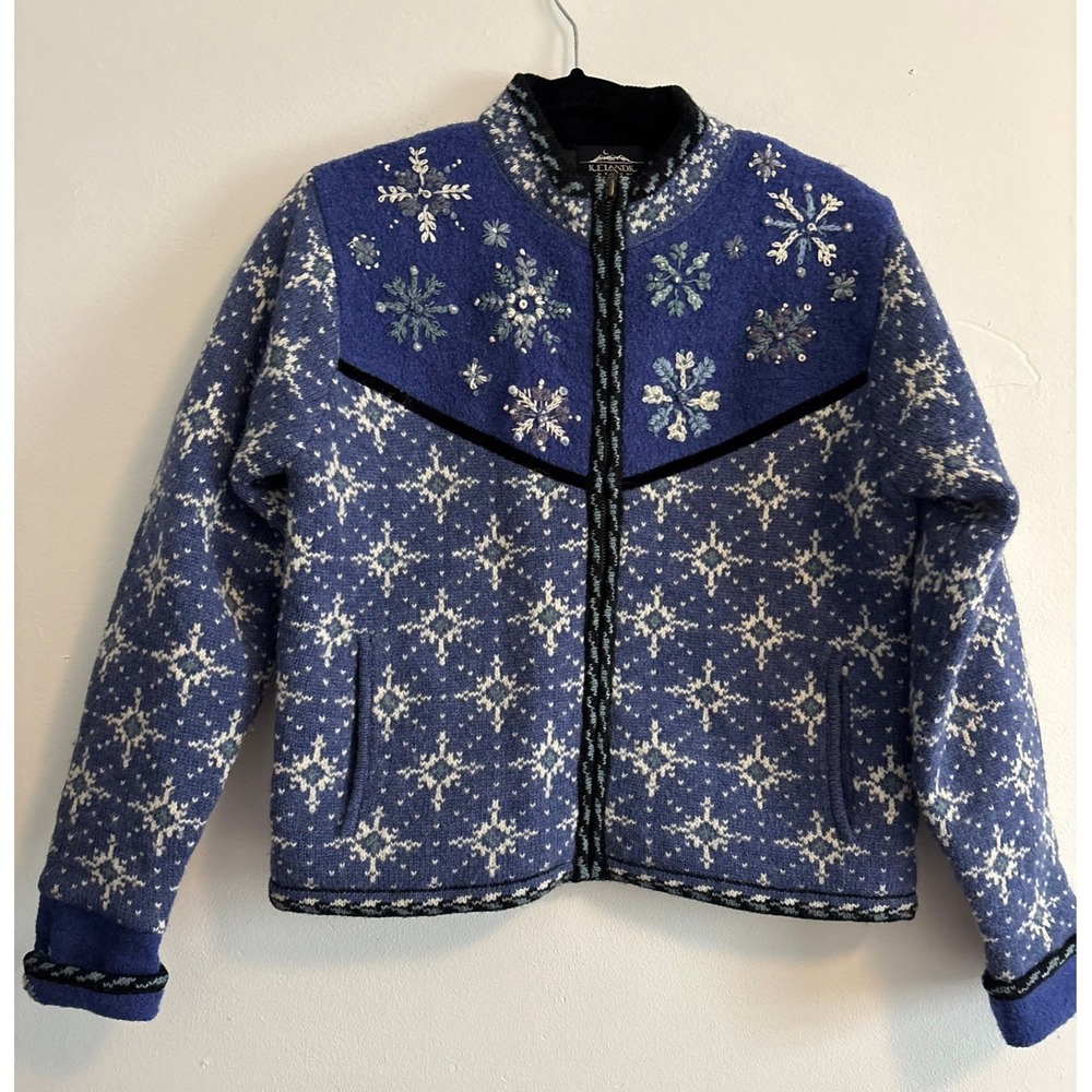 Vintage Icelandic Design Blue Wool Snowflake Zip Cardigan Embroidered Jacket S